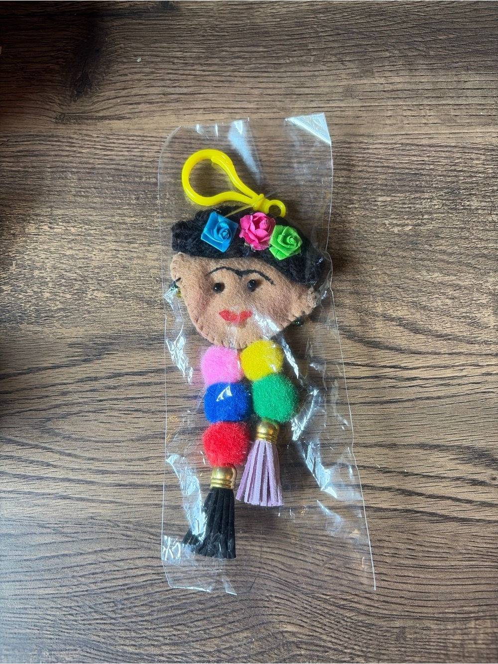 Handmade Frida Kahlo Felt Keychain with Pom Poms and Tassels, Mexican Folk Art